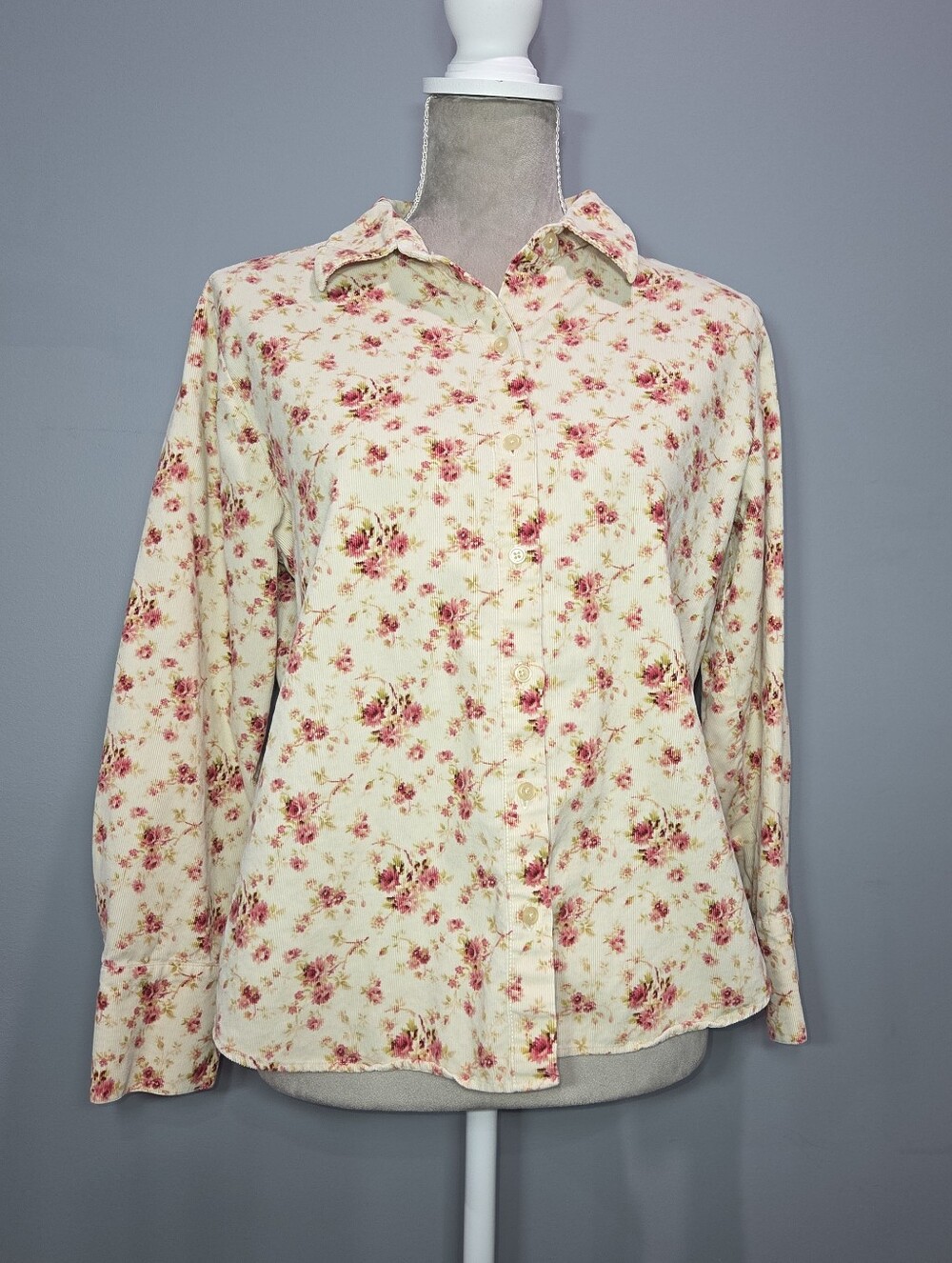Eddie Bauer Cream Button-Down Shirt with dark Pinkish Red Floral Pattern - PM